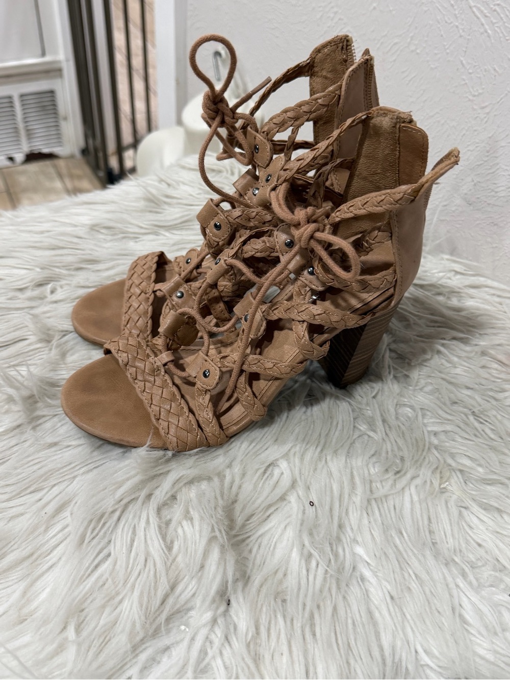 Braided Lace-Up High Heel Sandal in Tan Size 6 - Picture 11 of 16